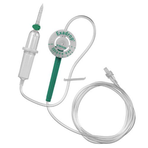 Dispositif de perfusion avec régulateur de gouttes. Boîtier en plastique transparent, compte-gouttes vert, tube et connecteur.