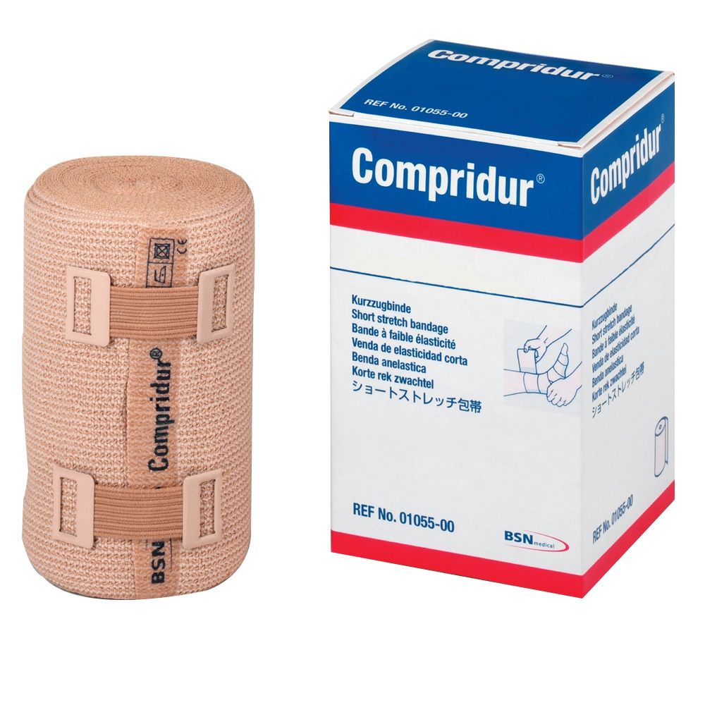 Bandage beige enroulée. Boîte Compridur, bandage élastique court. Logo BSN.