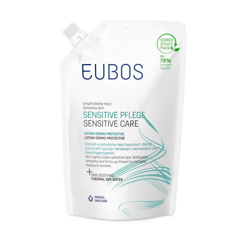 Recharge EUBOS Sensitive Pflege Lotion Dermo Protective. Sachet blanc avec impression. Contient 79% moins de plastique.