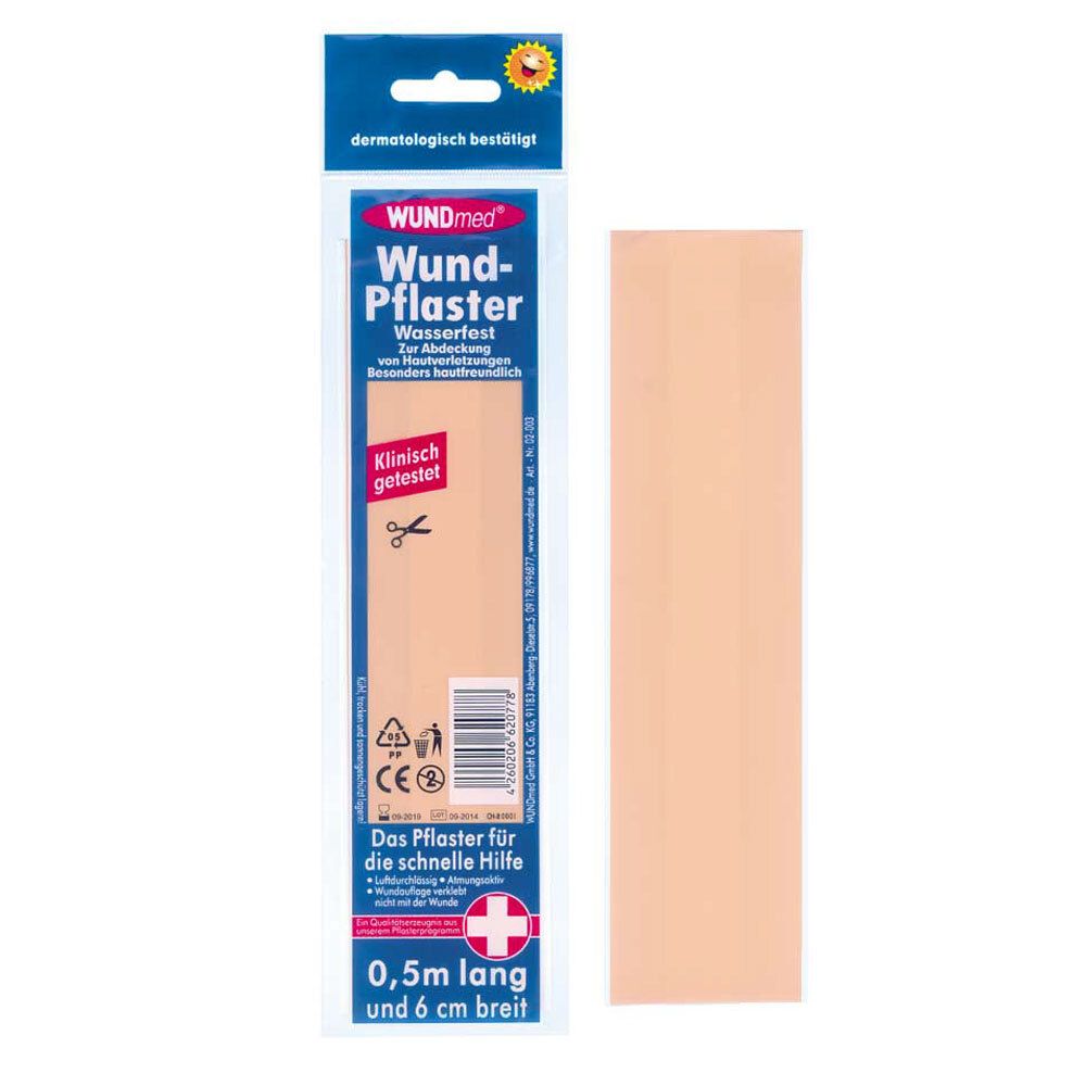 Pansement WUNDmed imperméable, 50 cm de long, 6 cm de large, couleur chair.
