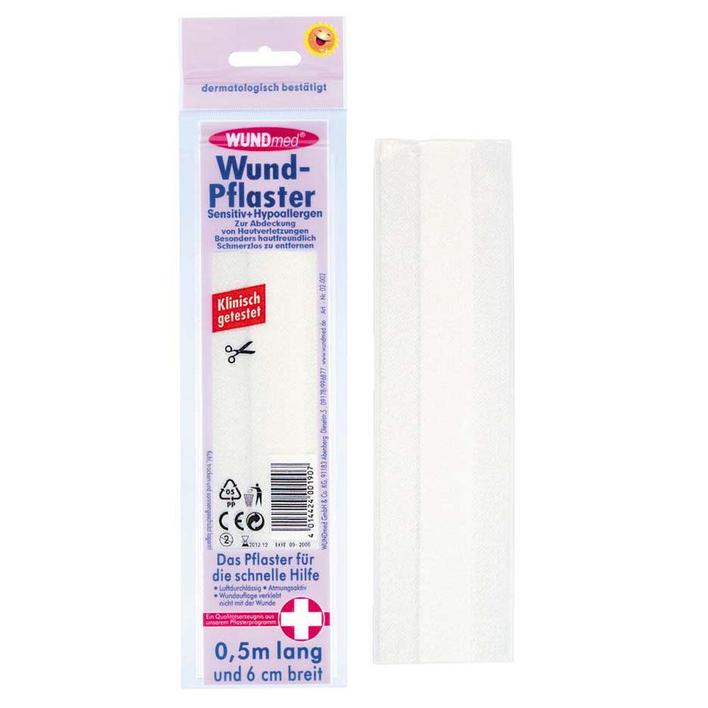 Pansement WUNDmed Sensitiv + Hypoallergen, 0,5m x 6cm, blanc, testé dermatologiquement.