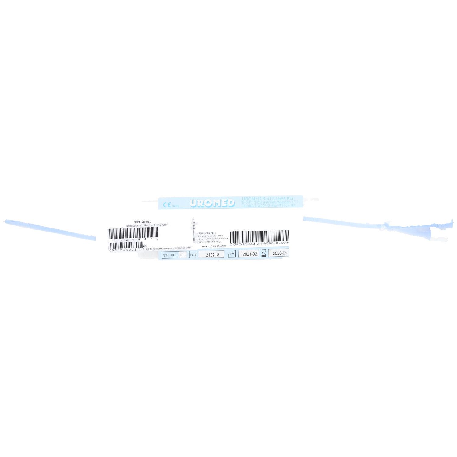 Cathéter en silicone Uromed Nelaton Ch 12 dans un emballage stérile. Informations produit et code-barres visibles. Sceau bleu.