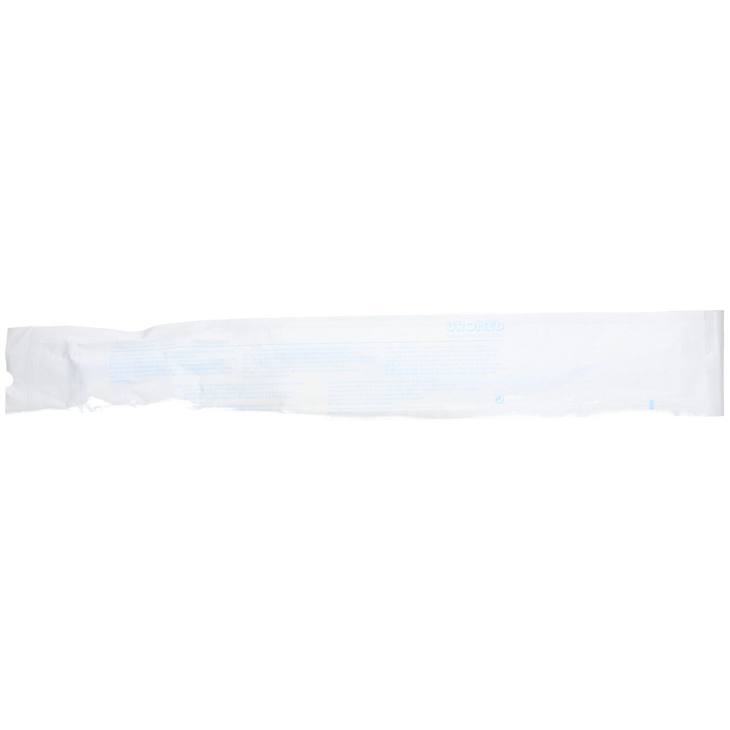 Cathéter en silicone Uromed Nelaton Ch 12, emballage stérile partiellement ouvert. Sceau bleu. Produit visible.