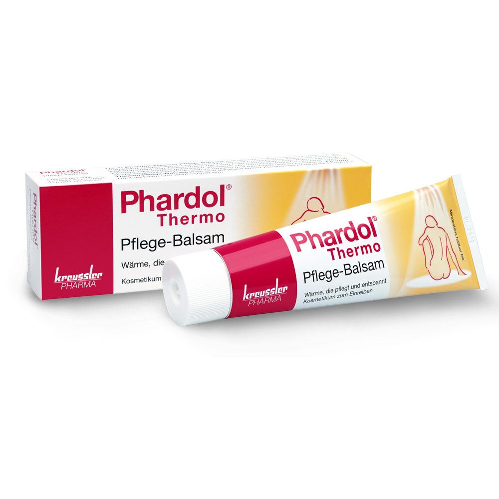 Tube et emballage de PHARDOL® Thermo Pflege-Balsam. Blanc, rouge, jaune. Texte: Chaleur qui prend soin.