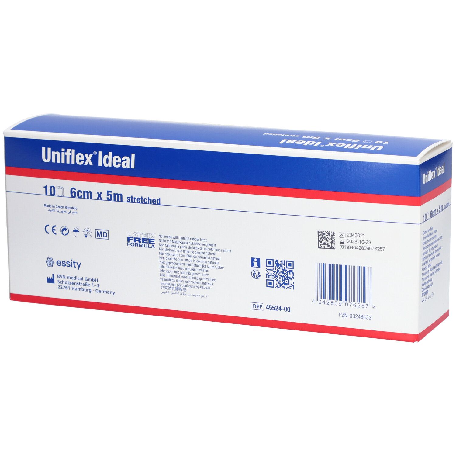 Dos de la boîte Uniflex® Ideal. Nom du produit, taille, informations du fabricant, marquage CE, code-barres.