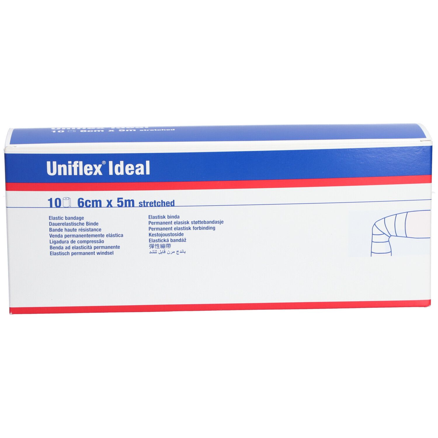 Boîte Uniflex® Ideal. Emballage bleu et blanc avec nom du produit et taille : 10, 6cm x 5m étiré.