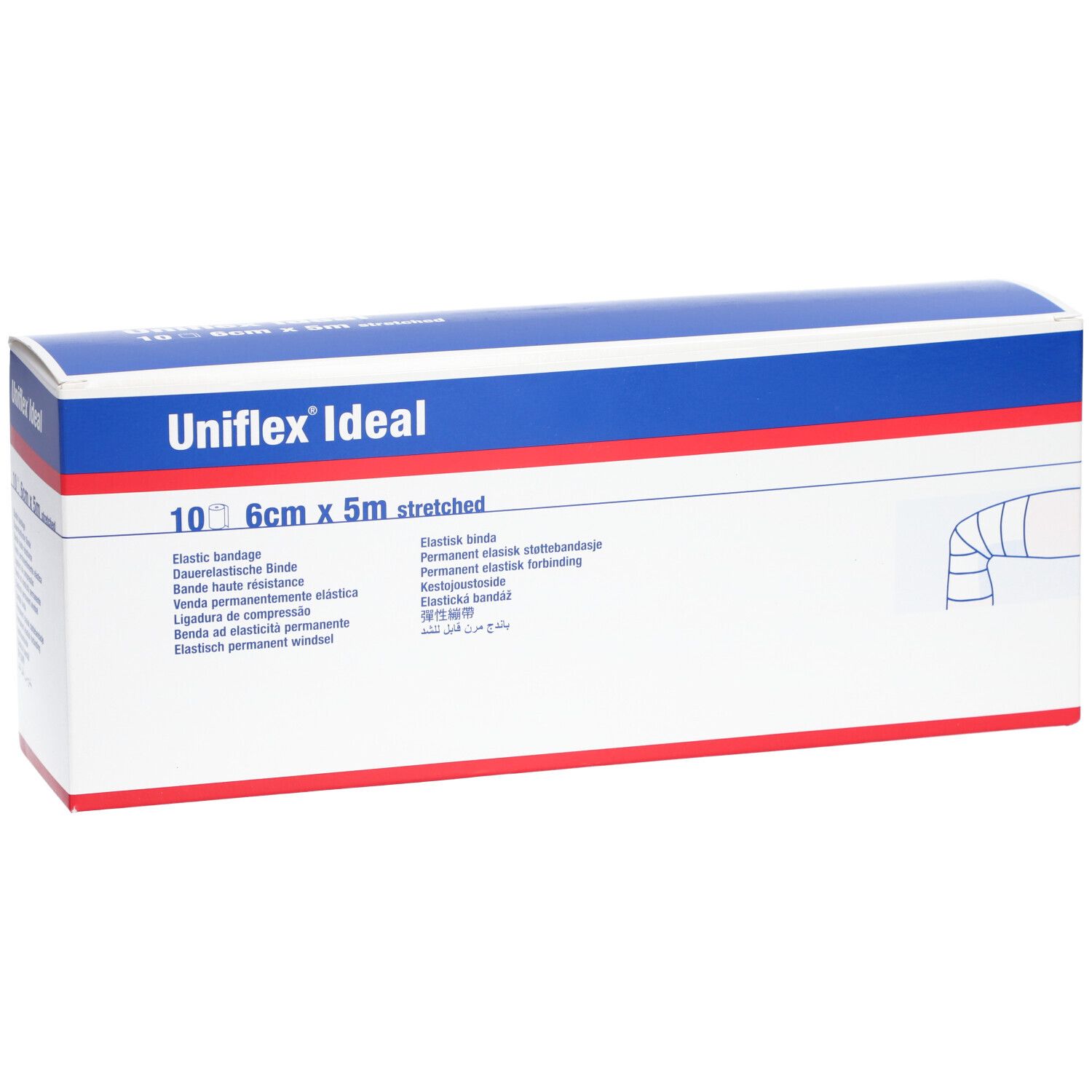 Boîte Uniflex® Ideal. Emballage bleu et blanc avec nom du produit et taille : 10, 6cm x 5m étiré.