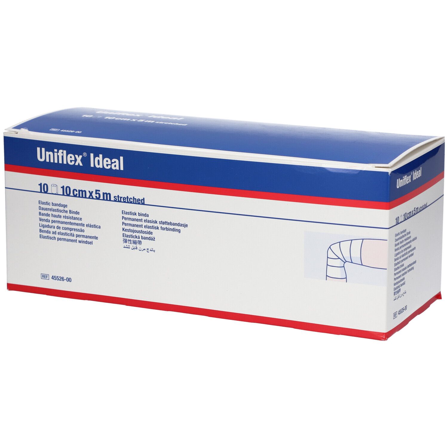Boîte Uniflex Ideal. Bleu et blanc, nom du produit et illustration de bandage. Dimensions : 10 cm x 5 m.