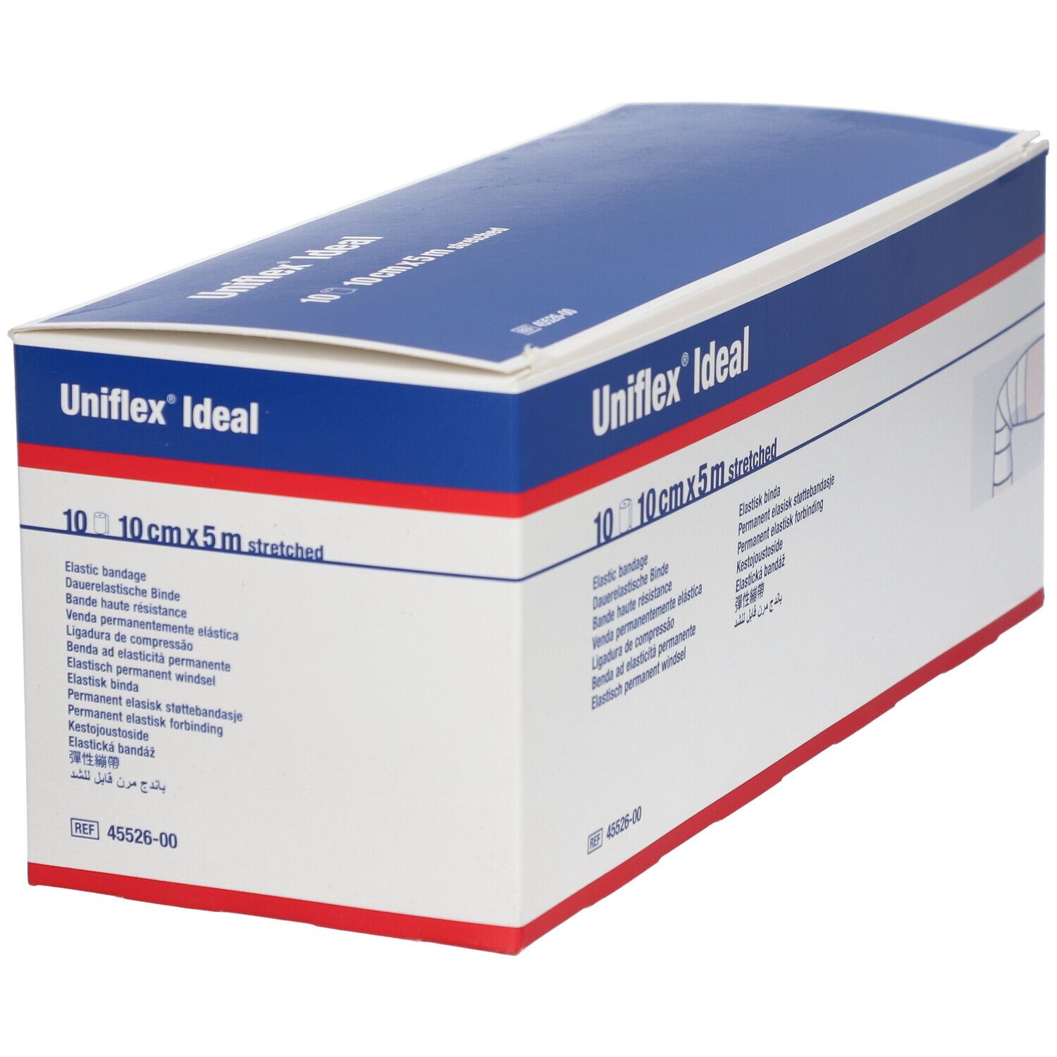 Boîte Uniflex Ideal. Bleu et blanc, nom du produit et illustration de bandage. Dimensions : 10 cm x 5 m.