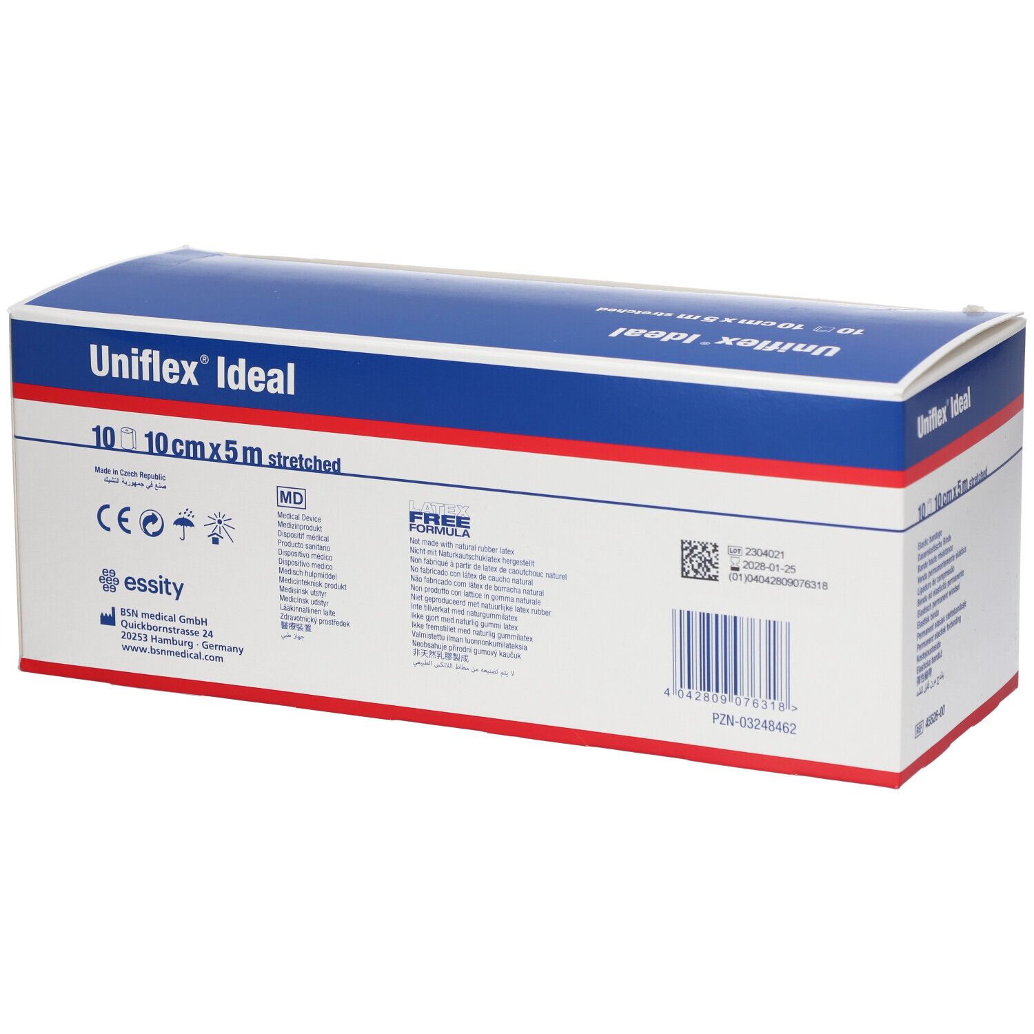 Boîte Uniflex Ideal. Bleu et blanc, nom du produit et illustration de bandage. Dimensions : 10 cm x 5 m.