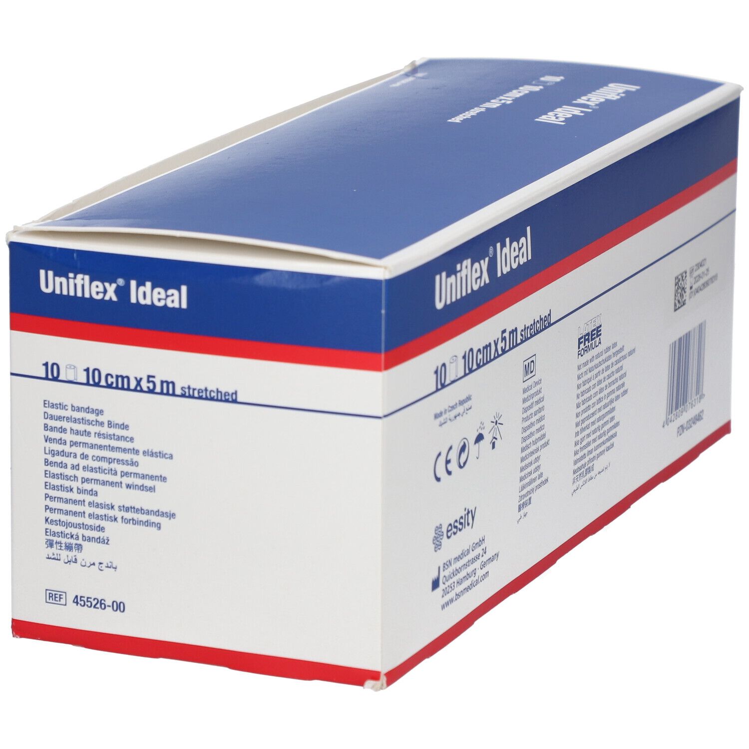 Boîte Uniflex Ideal. Bleu et blanc, nom du produit et illustration de bandage. Dimensions : 10 cm x 5 m.