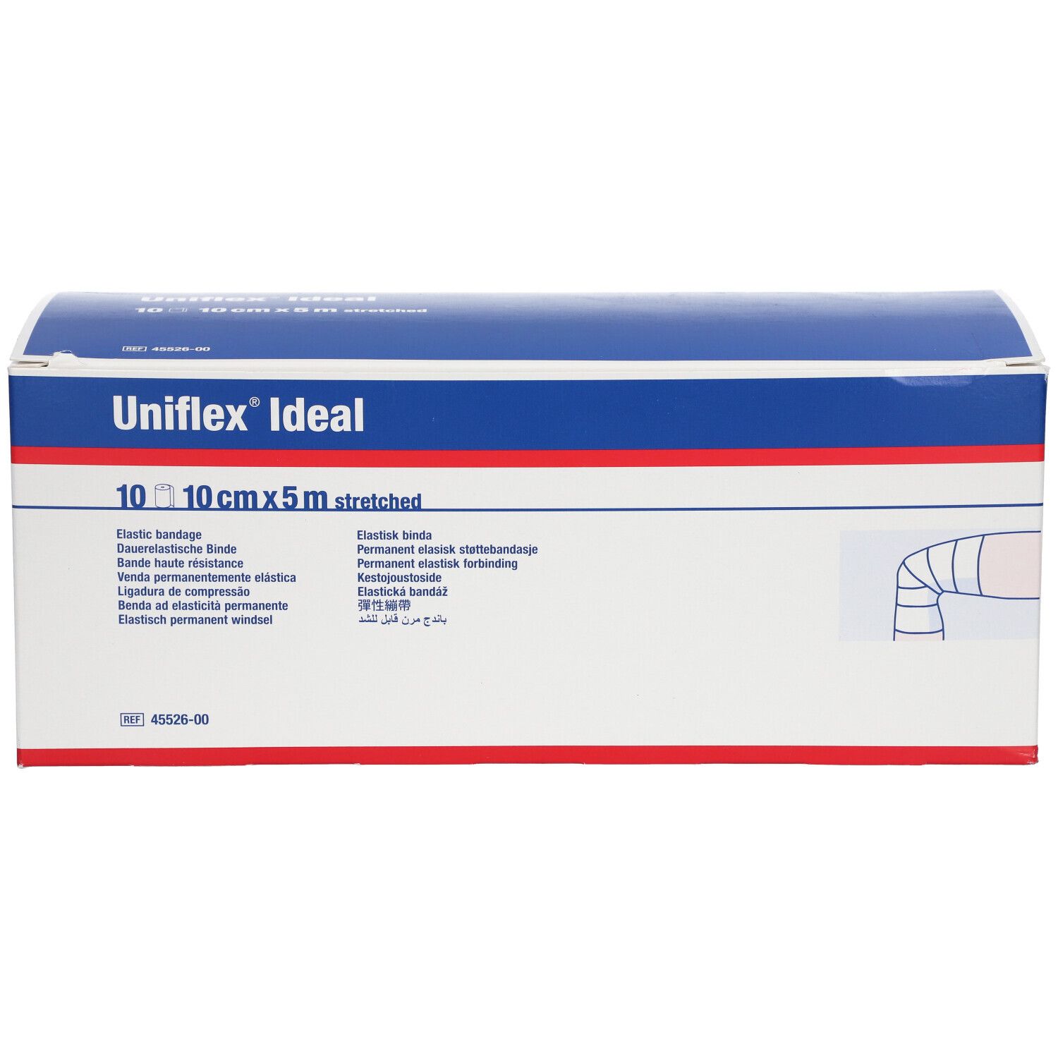 Boîte Uniflex Ideal. Bleu et blanc, nom du produit et illustration de bandage. Dimensions : 10 cm x 5 m.