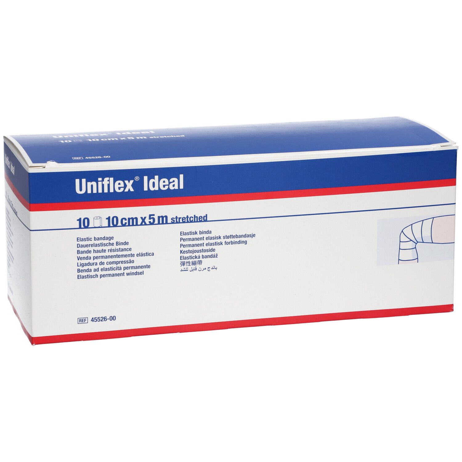 Boîte Uniflex Ideal. Bleu et blanc, nom du produit et illustration de bandage. Dimensions : 10 cm x 5 m.