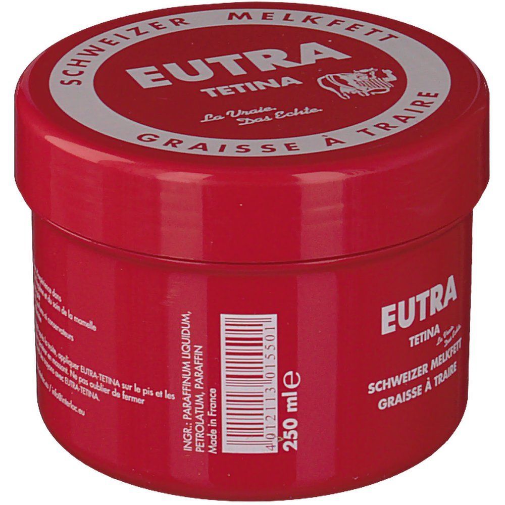 Pot rouge avec couvercle blanc. Inscription : Eutra Tetina, Melkfett suisse, Graisse à Traire. 250 ml.