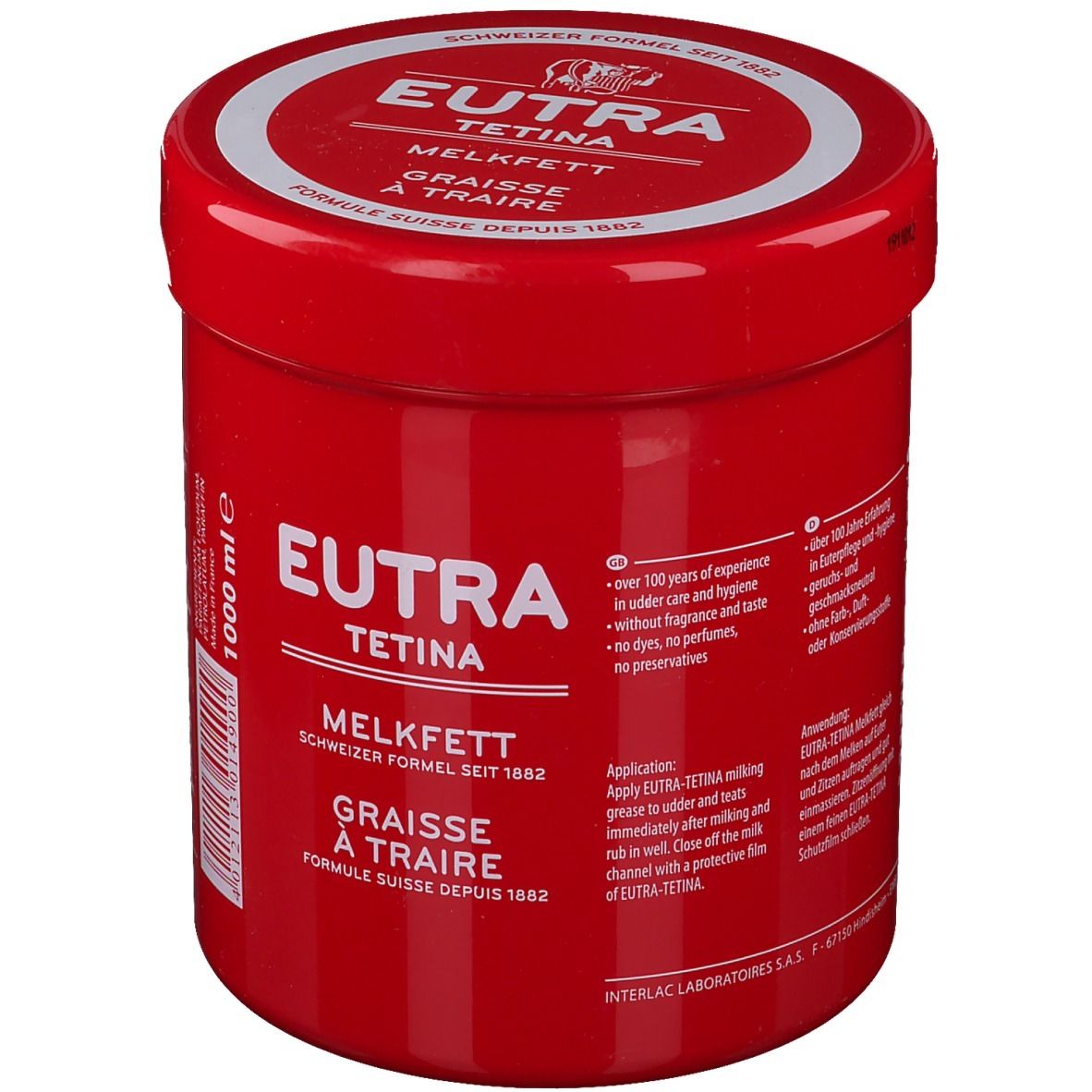 Pot rouge avec couvercle blanc. Inscription: Eutra Tetina Melkfett. Formule suisse depuis 1882. Graisse à traire. 1000 ml.