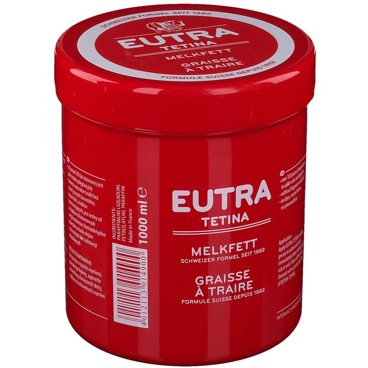 Pot rouge avec couvercle blanc. Inscription: Eutra Tetina Melkfett. Formule suisse depuis 1882. Graisse à traire. 1000 ml.