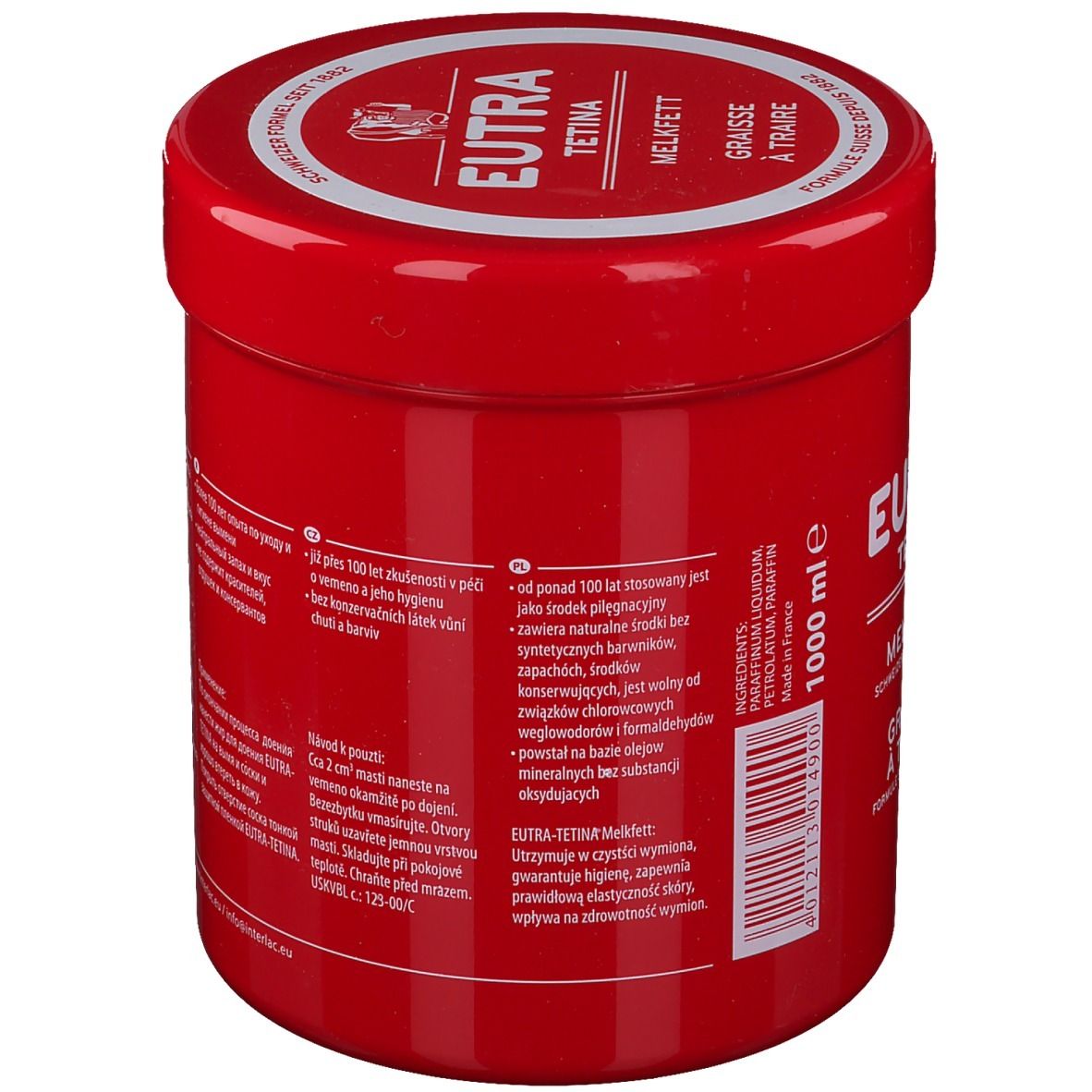 Pot rouge avec couvercle blanc. Texte au dos: Ingrédients, mode d'emploi, avertissements. 1000 ml.