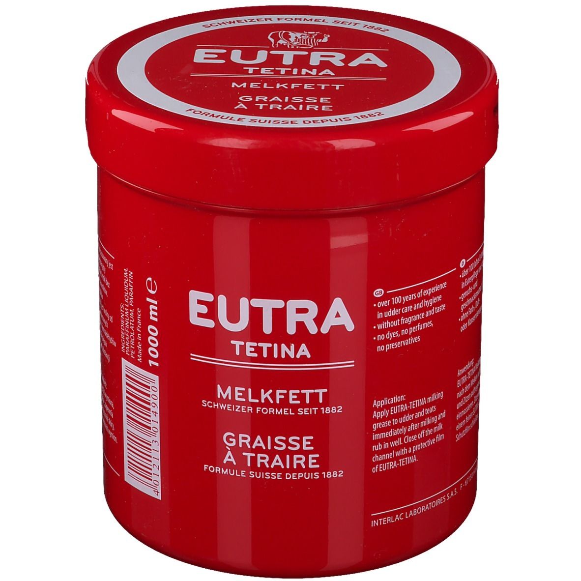 Pot rouge avec couvercle blanc. Inscription: Eutra Tetina Melkfett. Formule suisse depuis 1882. Graisse à traire. 1000 ml.