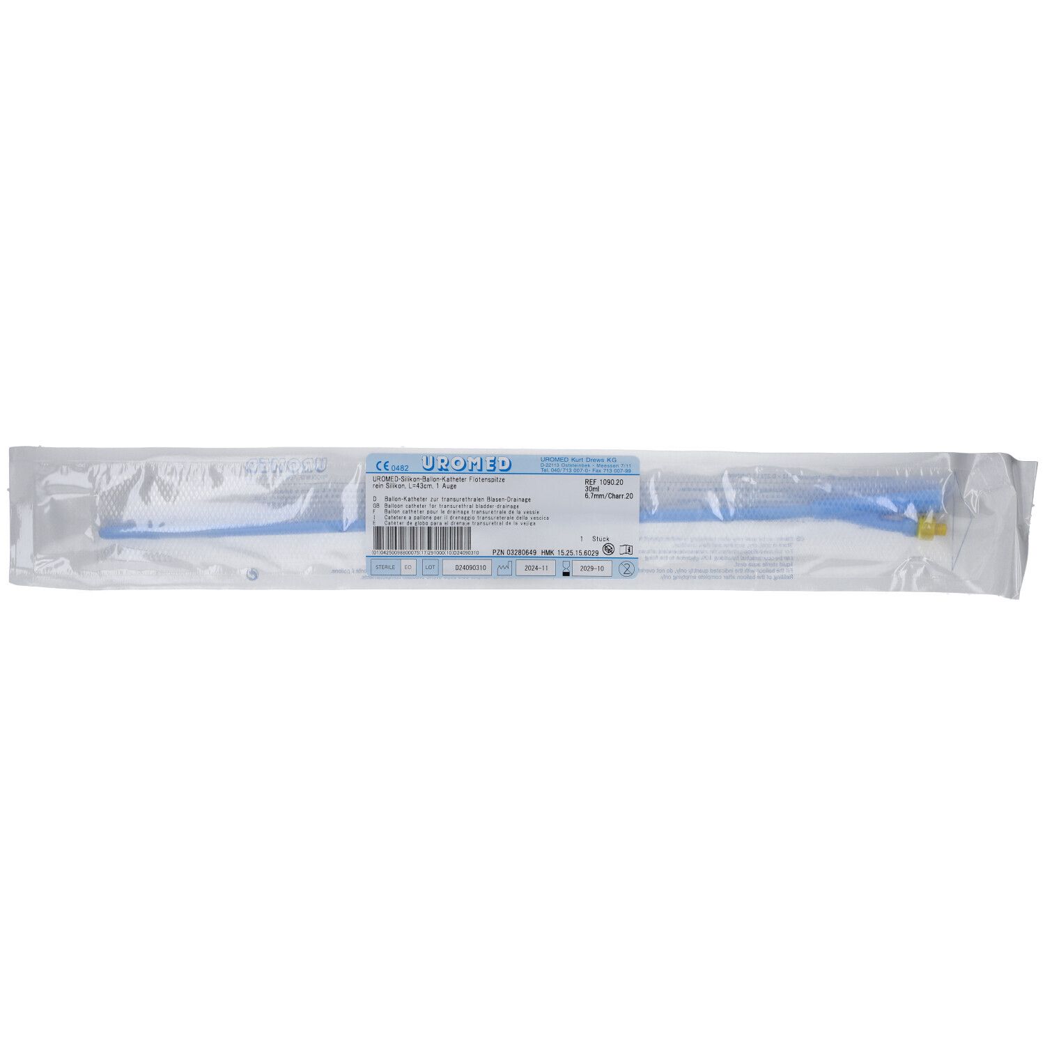 Cathéter à ballonnet Uromed dans un emballage stérile. Produit bleu avec raccord jaune. Emballage avec informations.