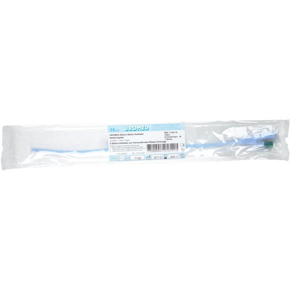 Sonde de Foley Uromed dans son emballage. Bleu et transparent. Informations produit et marquage CE.