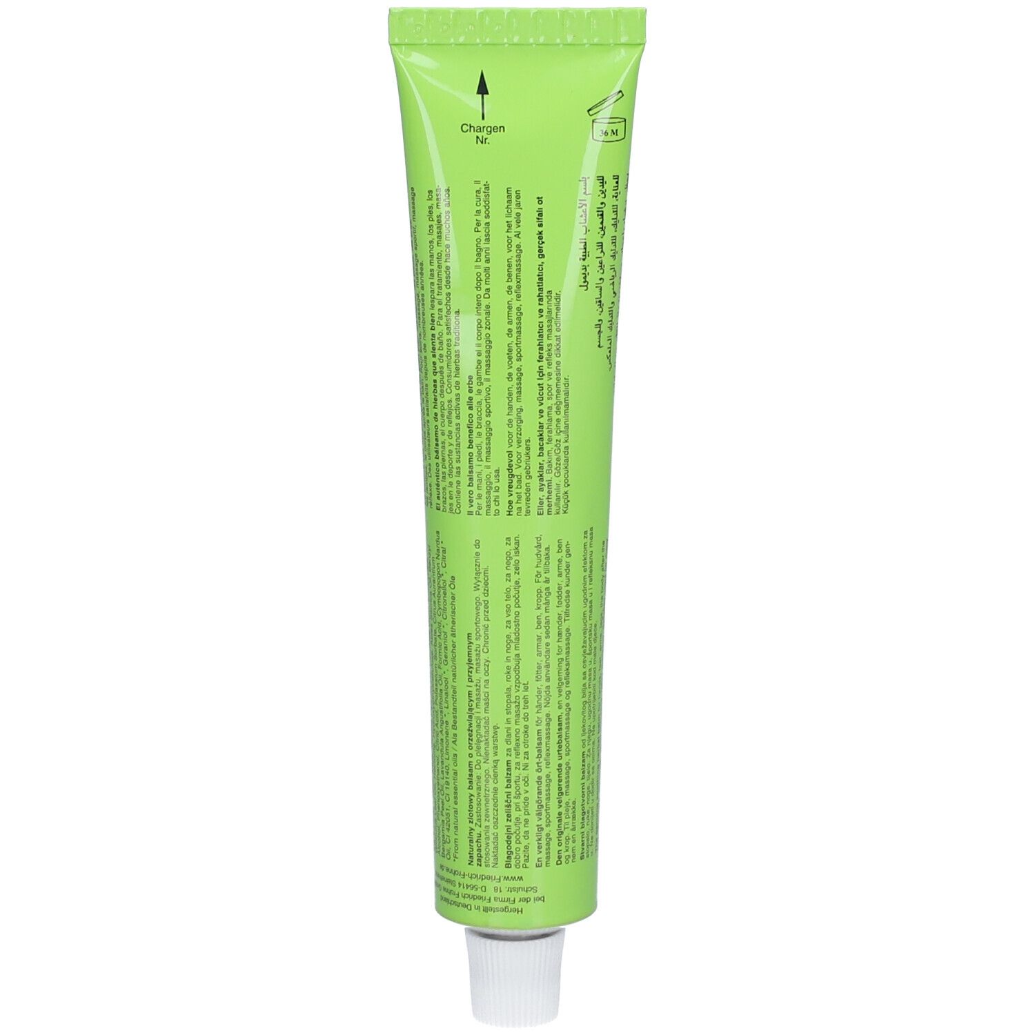 Dos d'un tube vert. Texte en plusieurs langues. Flèche avec instructions.