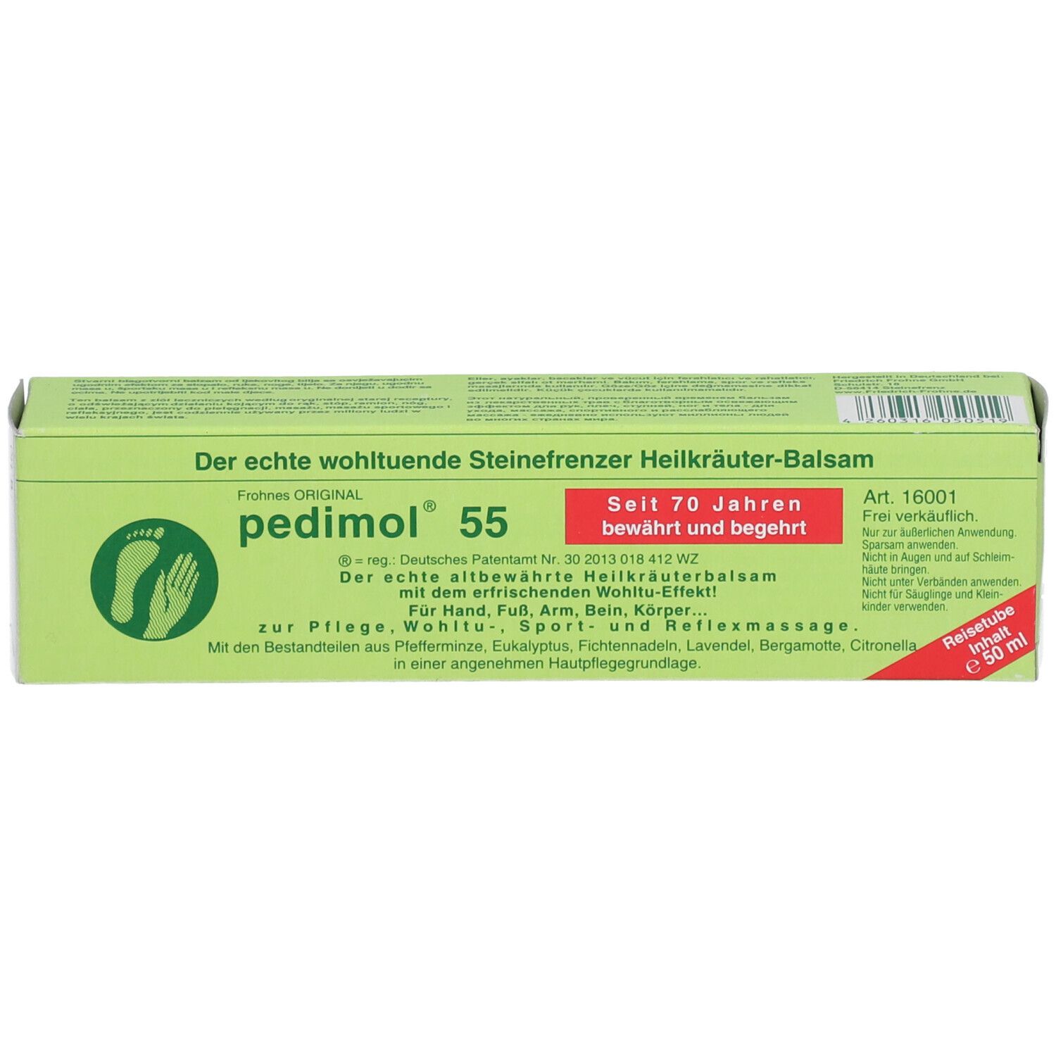 Boîte verte avec pedimol® 55. Texte et logo. Autocollant rouge. Art. 16001.