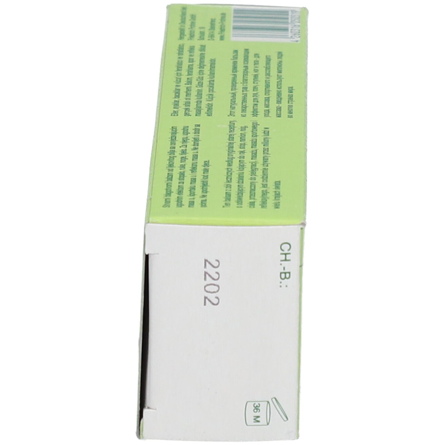 Vue latérale de l'emballage du produit. Texte et logos. Code 2202. Durée de conservation : 36 M.