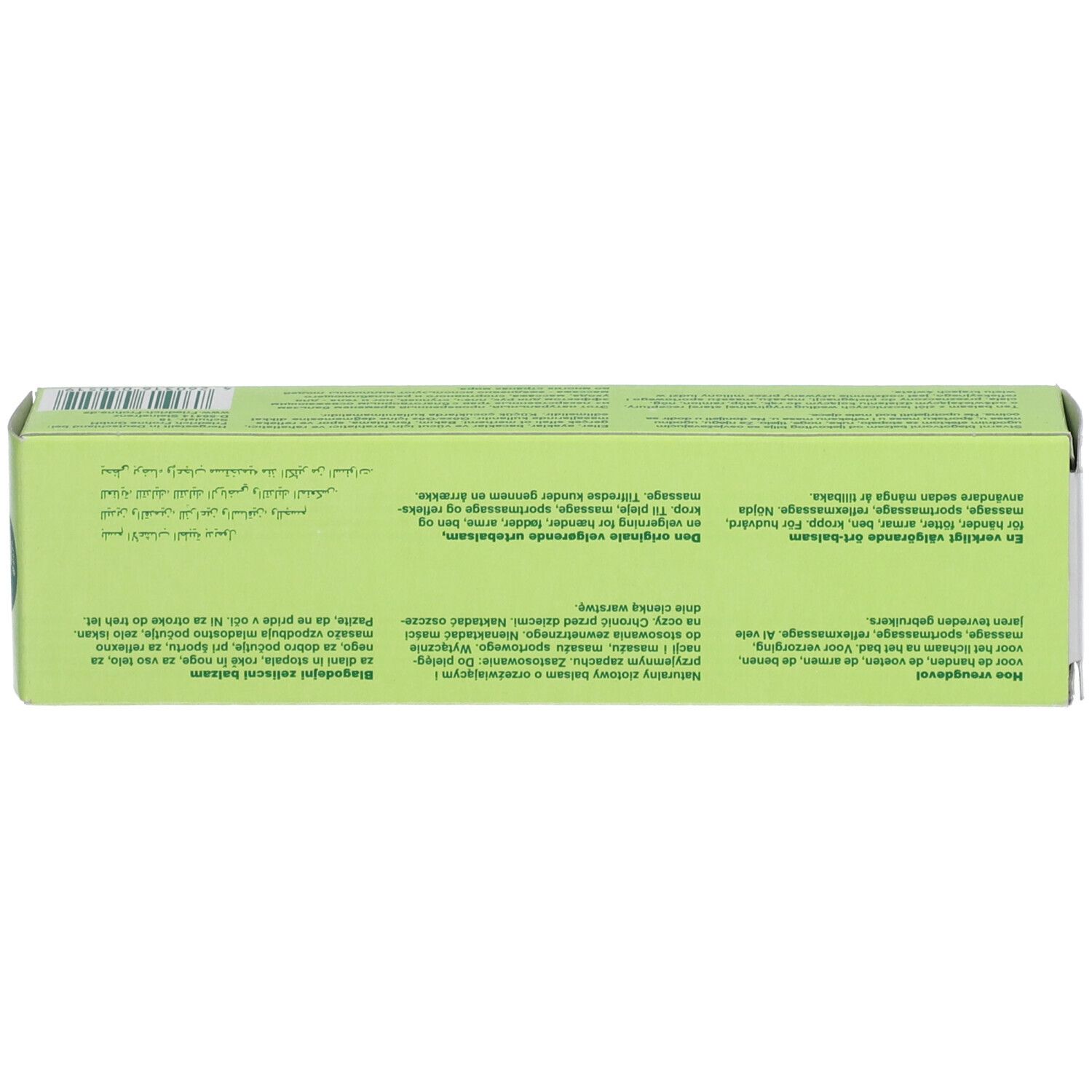 Dessus de l'emballage du produit. Texte en plusieurs langues. Texte sur le massage.