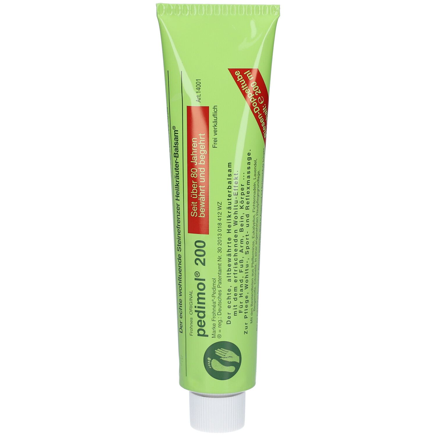 Tube vert de pedimol® 200. Texte : « Le véritable baume aux herbes médicinales ». Bouchon vert. Écriture blanche.