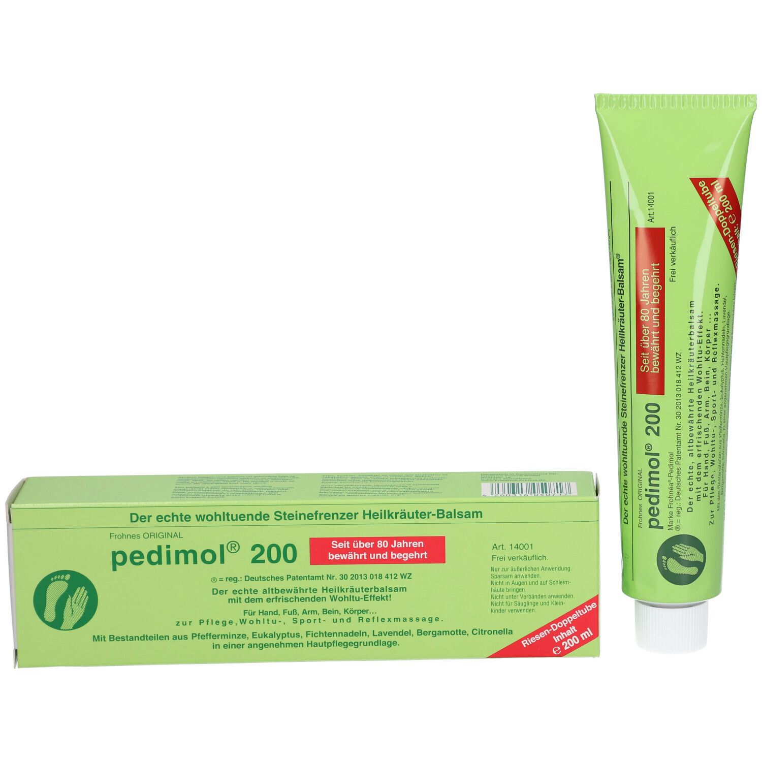 Emballage et tube de pedimol® 200. Boîte et tube verts. Texte : « Le véritable baume aux herbes médicinales ».