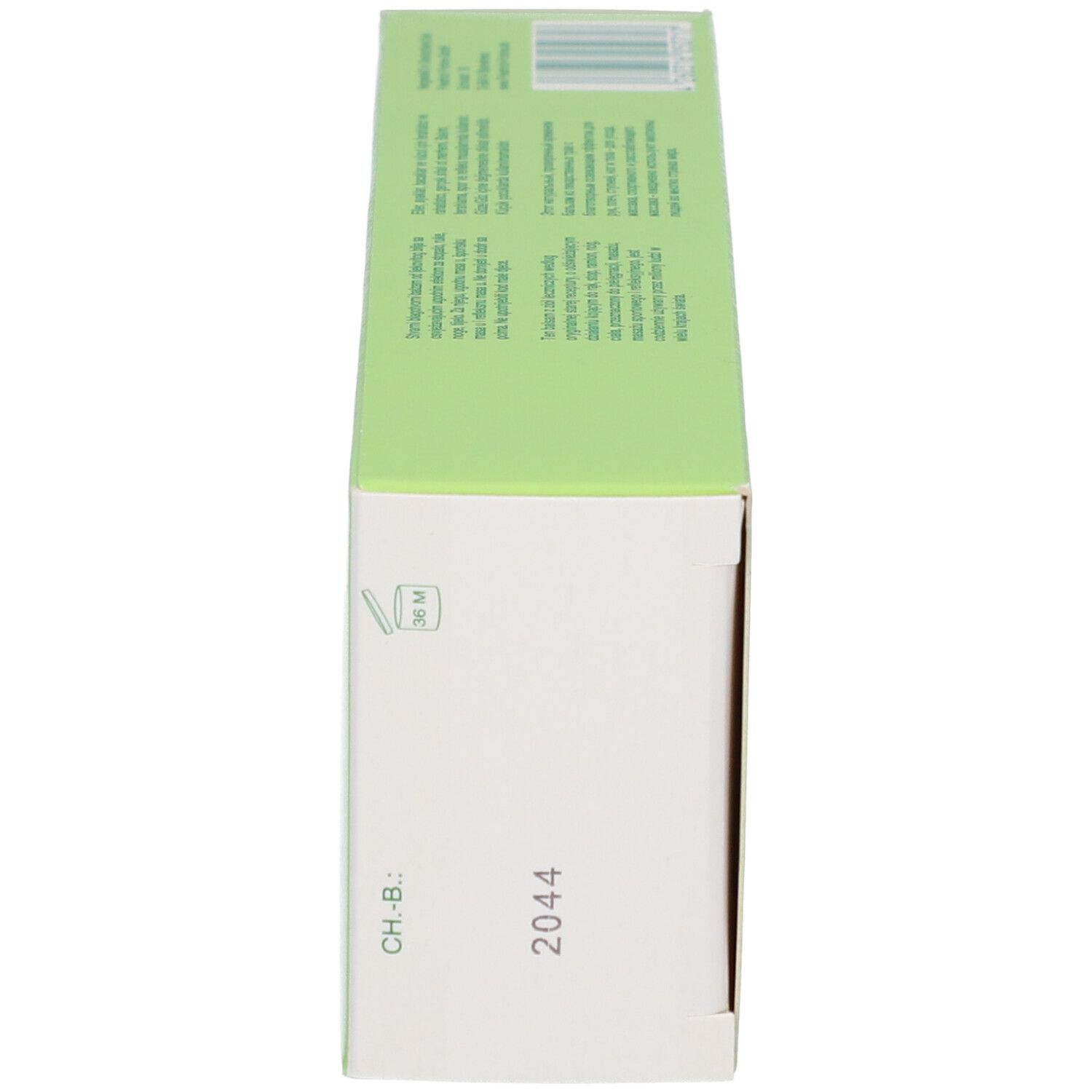 Vue latérale de la boîte verte. Texte : « CH-B : 2044 ». Symbole de durabilité de 3 mois.