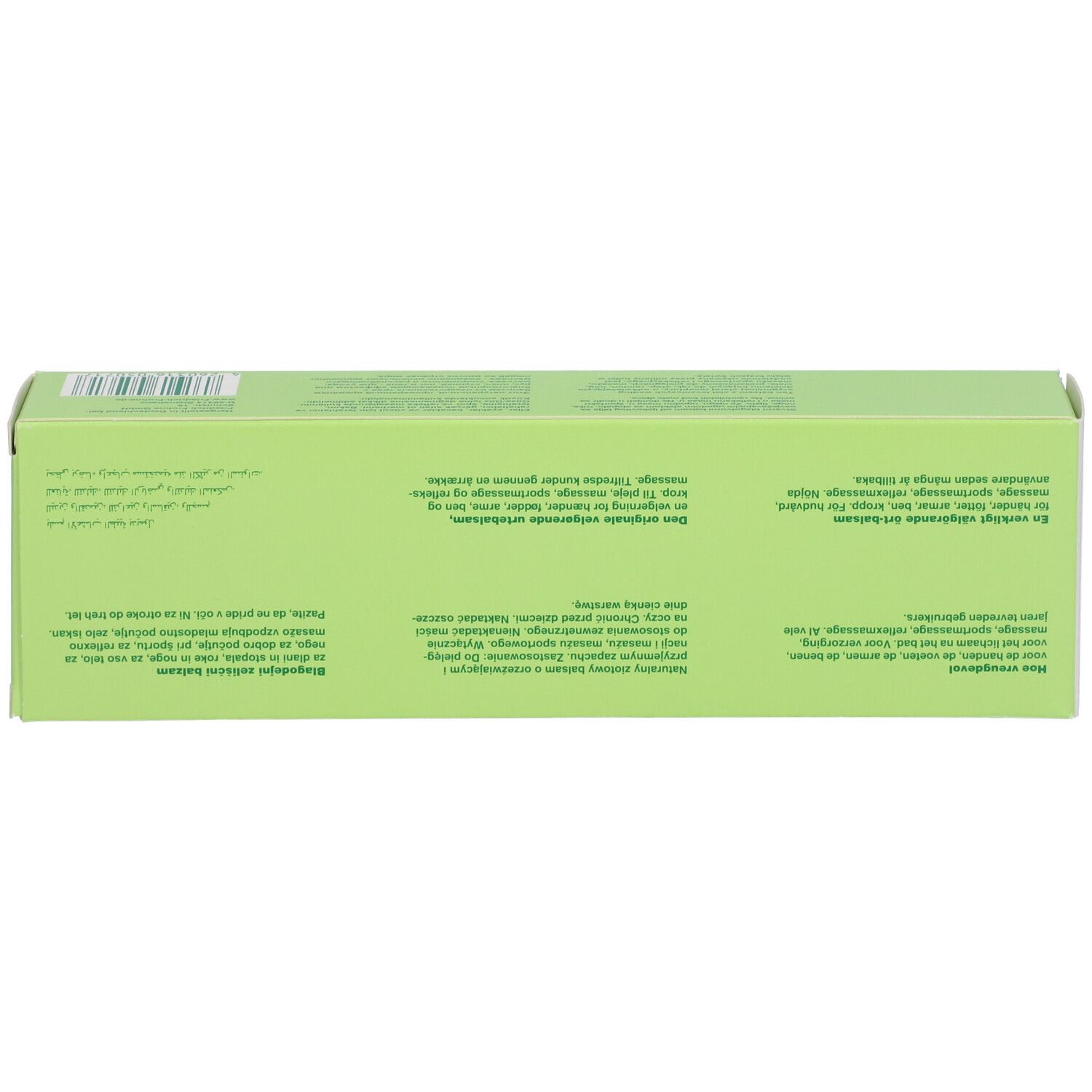 Dos de la boîte verte. Texte en plusieurs langues. Code-barres.