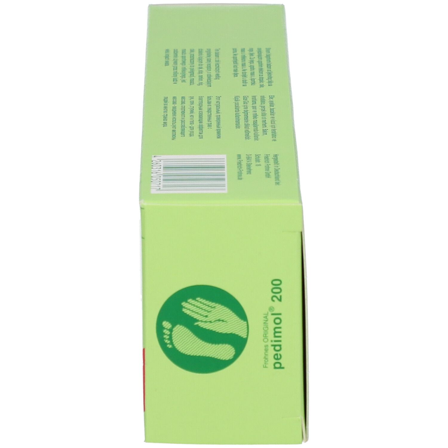 Vue latérale de la boîte verte. Texte : « pedimol® 200 ». Symbole de pied. Code-barres.