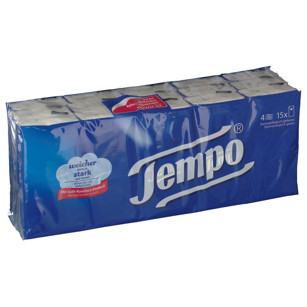 Paquet de mouchoirs Tempo bleus. 4 x 15 unités. Doux et résistants. Testé dermatologiquement. Logo et nom du produit visibles.
