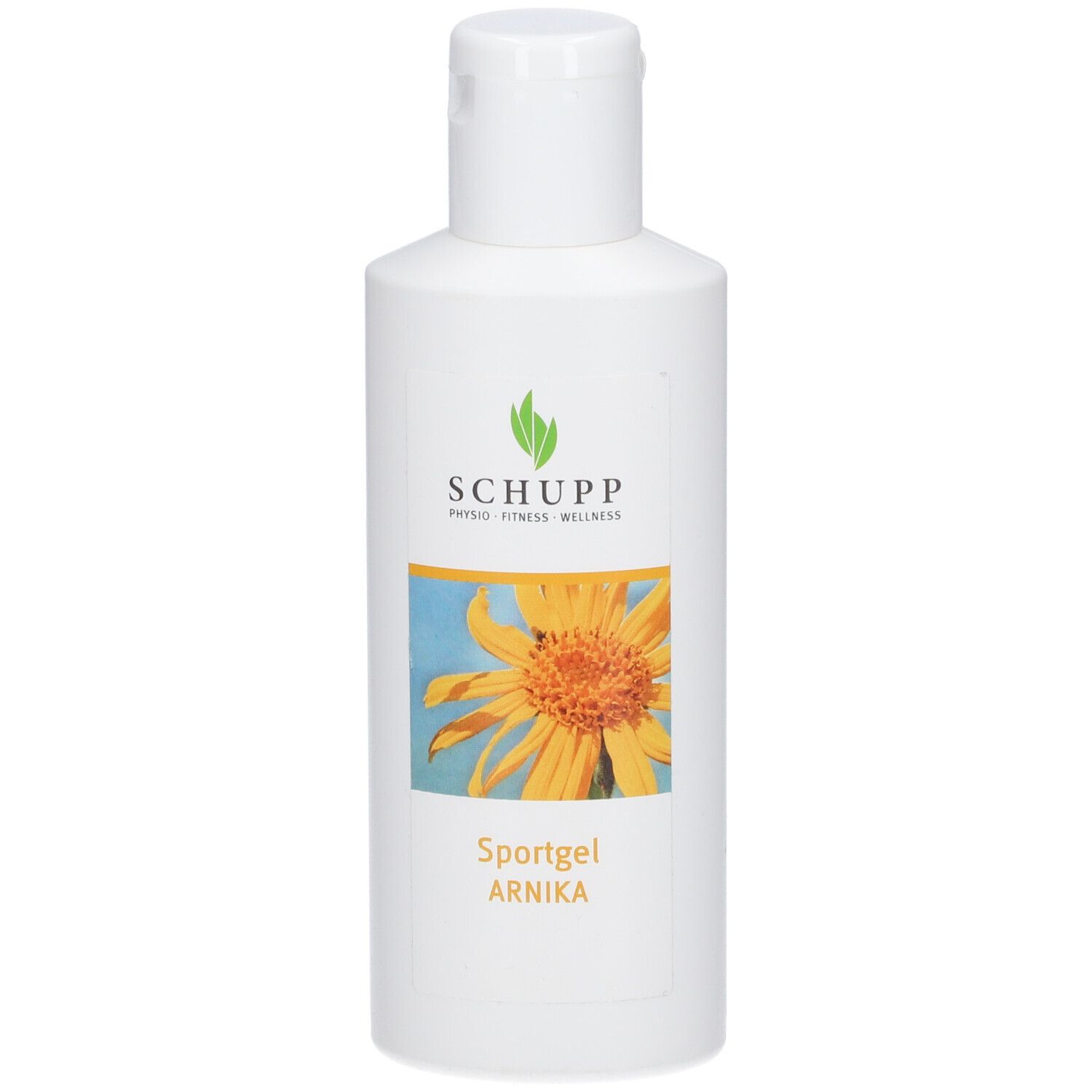 Flacon blanc avec motif floral jaune et texte. Nom du produit: Sportgel Arnika. Logo: SCHUPP.