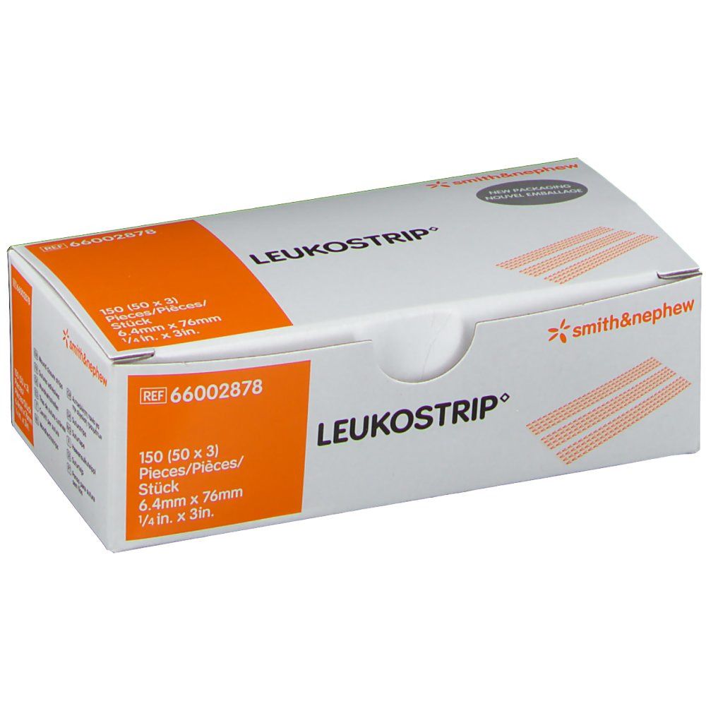 Boîte LEUKOSTRIP® pour sutures cutanées. Boîte blanche et orange. Contient 150 bandes (50 x 3). Marque : smith&nephew.