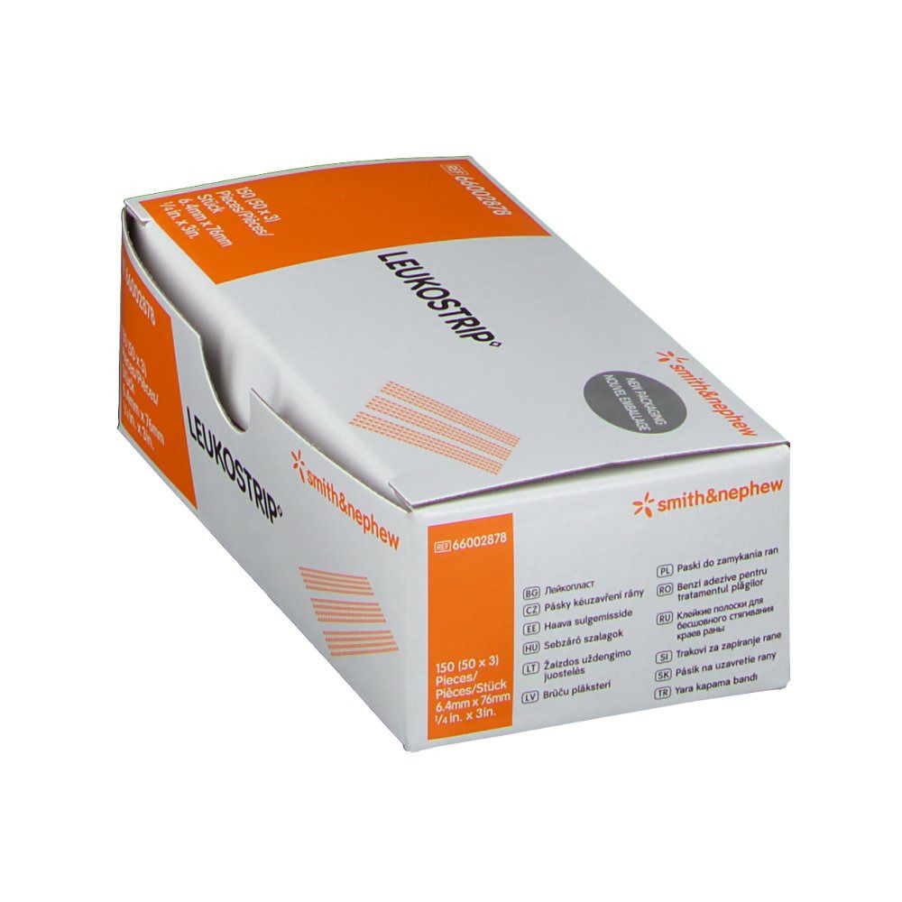 Boîte LEUKOSTRIP® pour sutures cutanées. Boîte blanche et orange. Marque : smith&nephew. Contient 150 bandes (50 x 3).