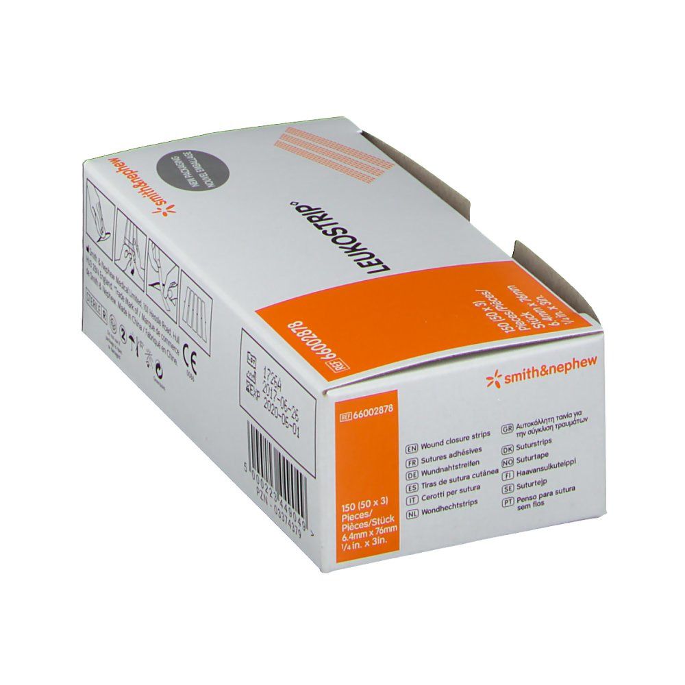 Boîte LEUKOSTRIP® pour sutures cutanées. Boîte blanche et orange. Contient 150 bandes (50 x 3). Marque : smith&nephew.