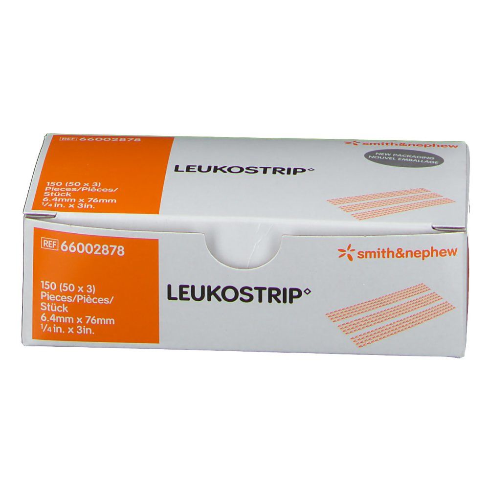 Boîte LEUKOSTRIP® pour sutures cutanées. Boîte blanche et orange. Contient 150 bandes (50 x 3). Marque : smith&nephew.