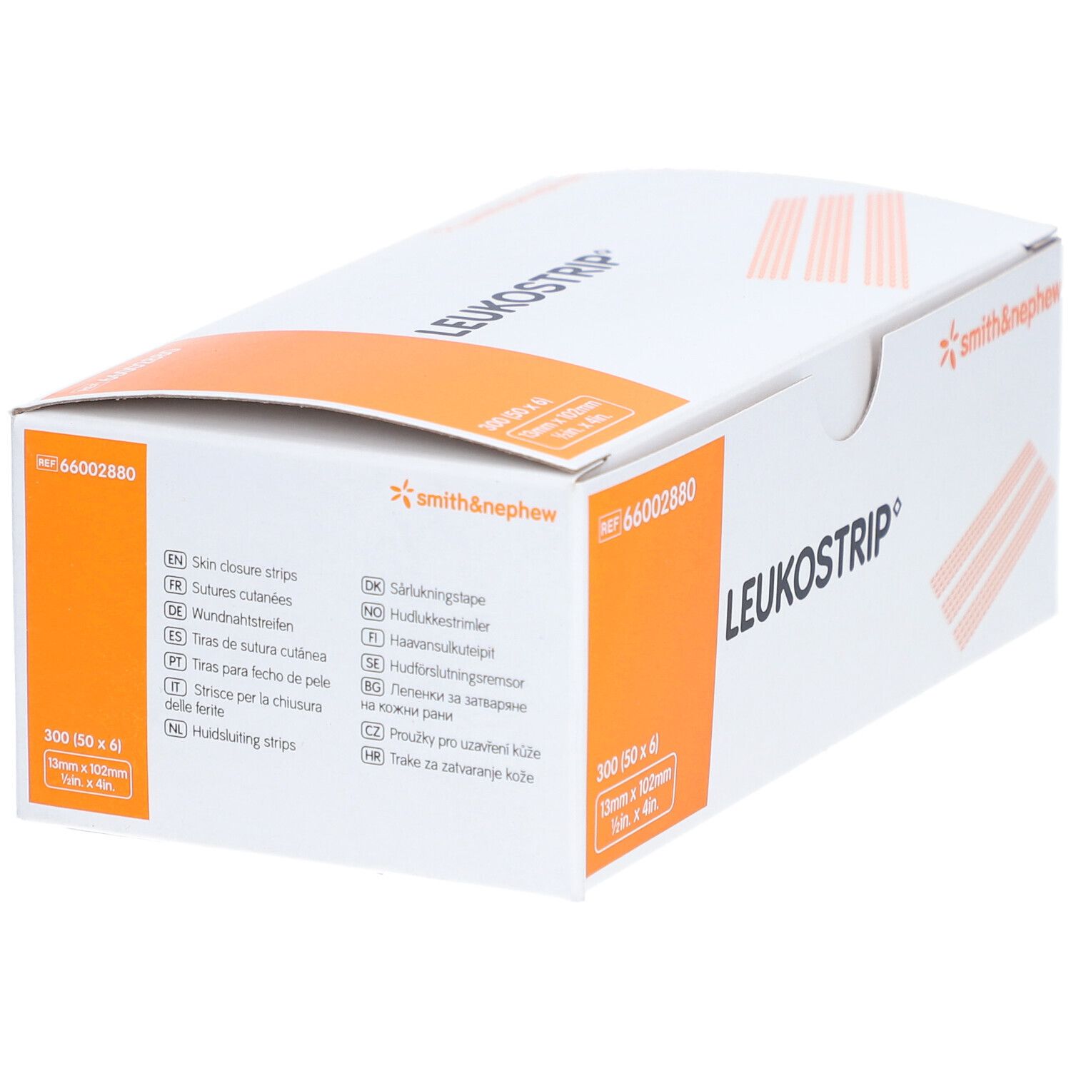 Boîte blanche et orange. Inscription: LEUKOSTRIP, Smith & Nephew. Contient 300 bandes de 13 x 102 mm.