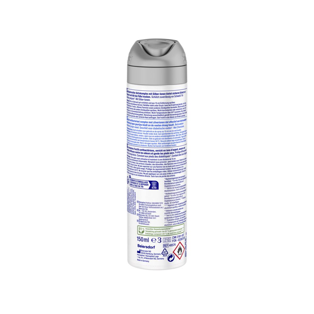 Dos du spray déodorant pour les pieds Silver Active de Hansaplast. Contient des informations textuelles et des logos.