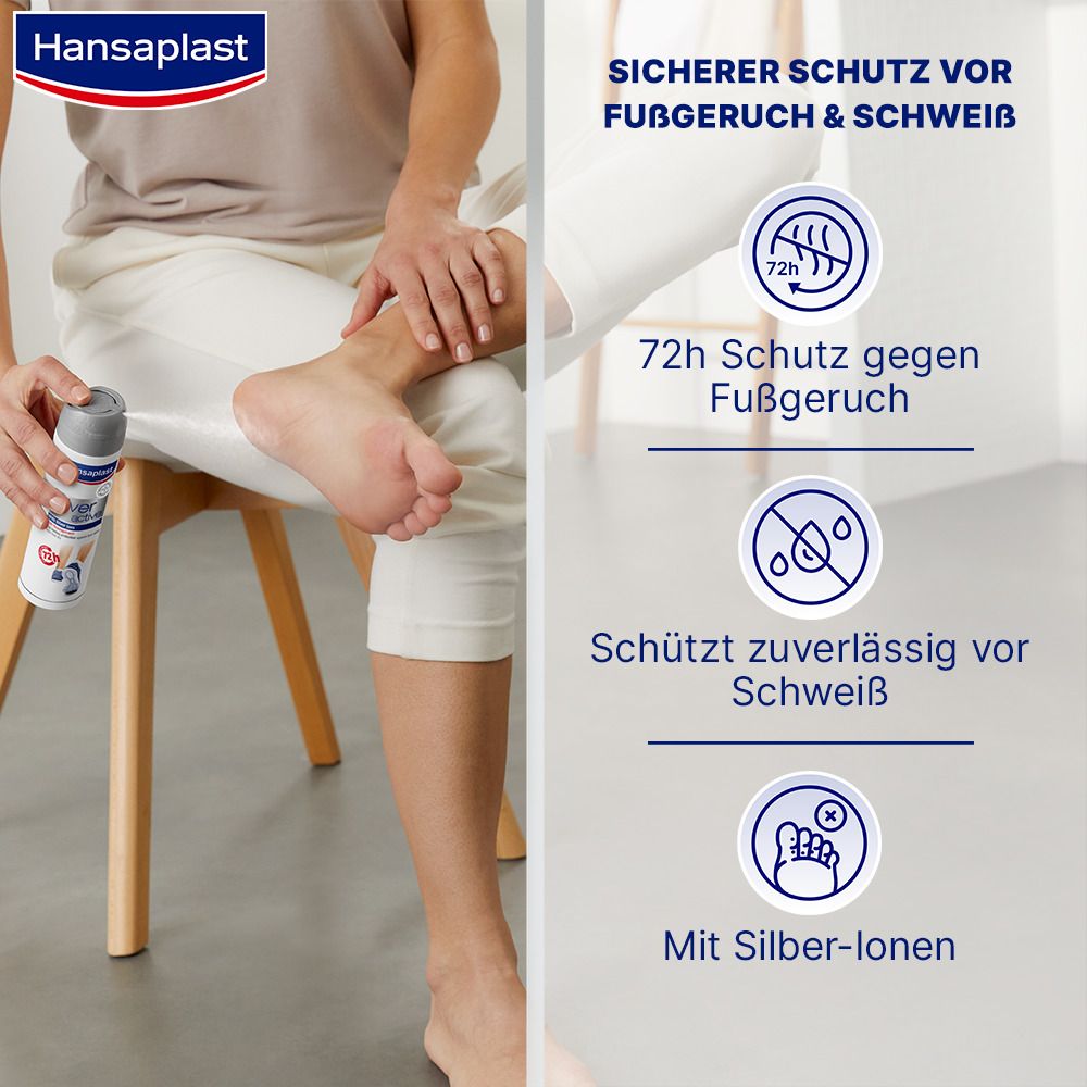 Une personne tient un spray et vaporise sur un pied. Texte : Protection contre les odeurs et la transpiration. Protection 72h.