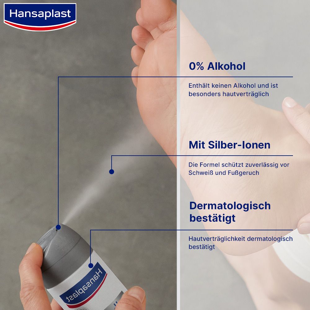 Pied vaporisé avec le spray. Texte : 0% alcool, avec ions argent, testé dermatologiquement.