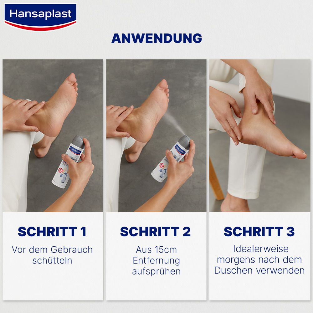 Application du spray en trois étapes : secouer, vaporiser à 15 cm, utiliser le matin après la douche.