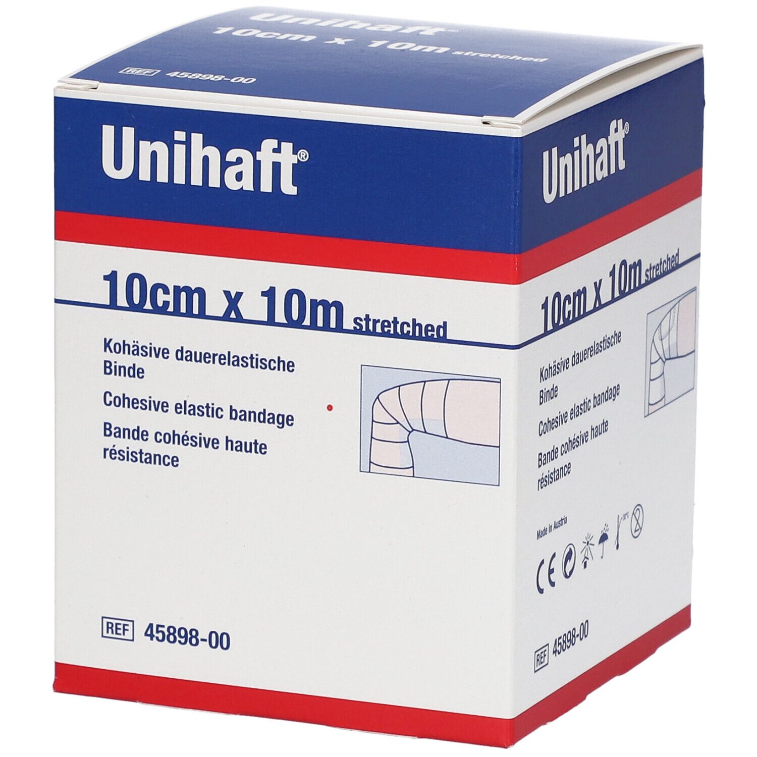 Boîte Unihaft. 10cm x 10m. Bande élastique cohésive. Emballage blanc et bleu. Marquage CE. REF 45898-00.