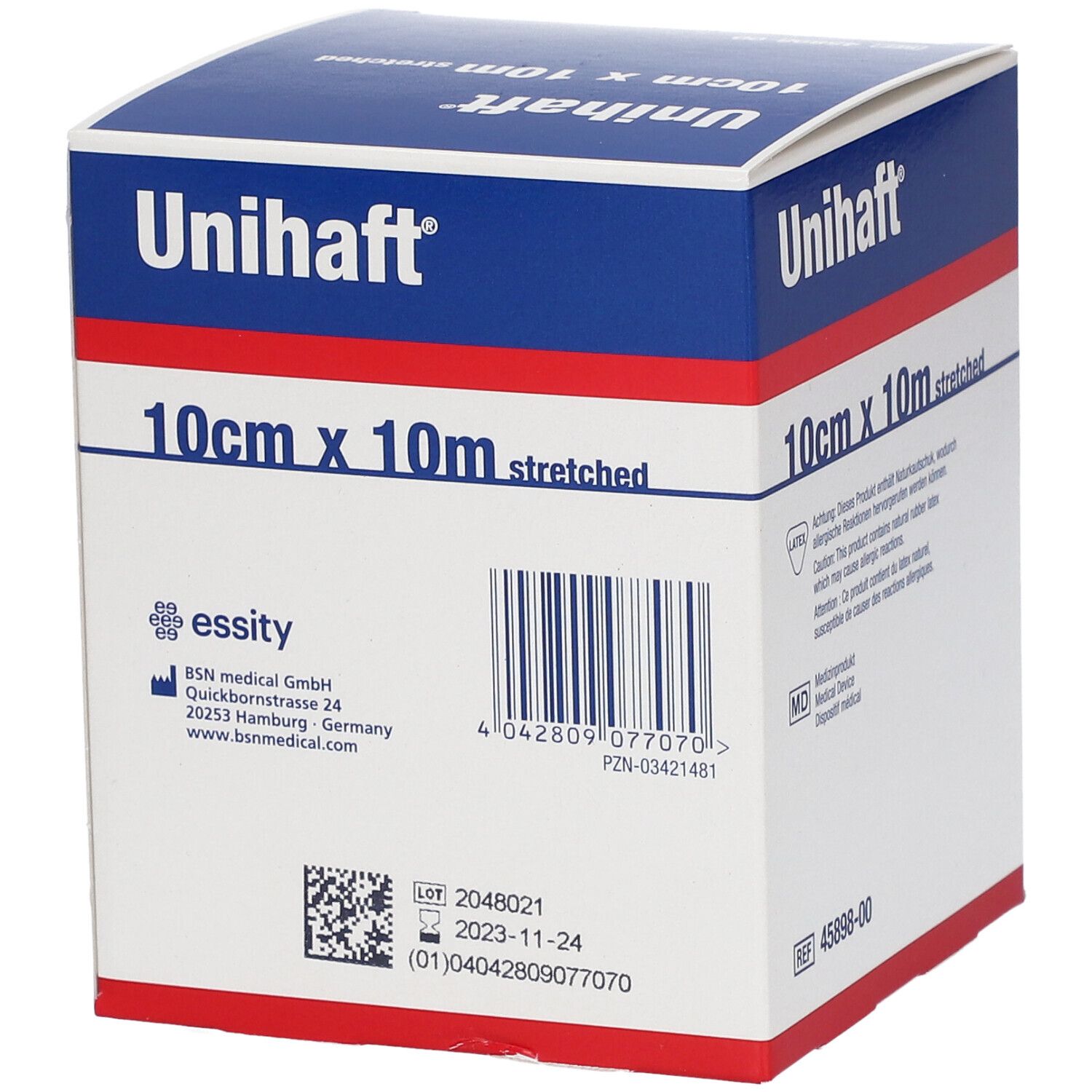 Boîte Unihaft. 10cm x 10m. Bande élastique cohésive. Code-barres, BSN medical. Date de péremption. REF 45898-00.