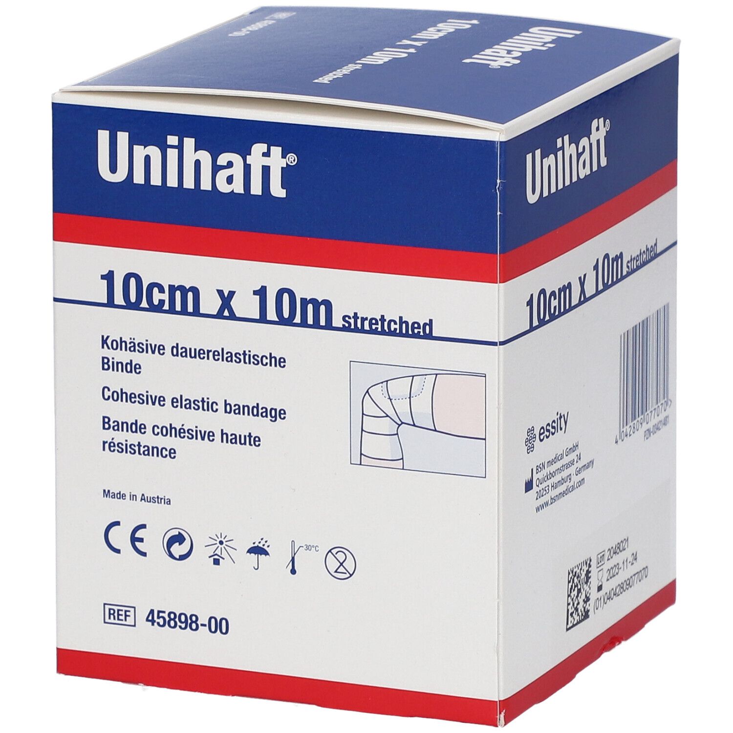 Boîte Unihaft. 10cm x 10m. Bande élastique cohésive. Marquage CE. Fabriqué en Autriche. REF 45898-00.