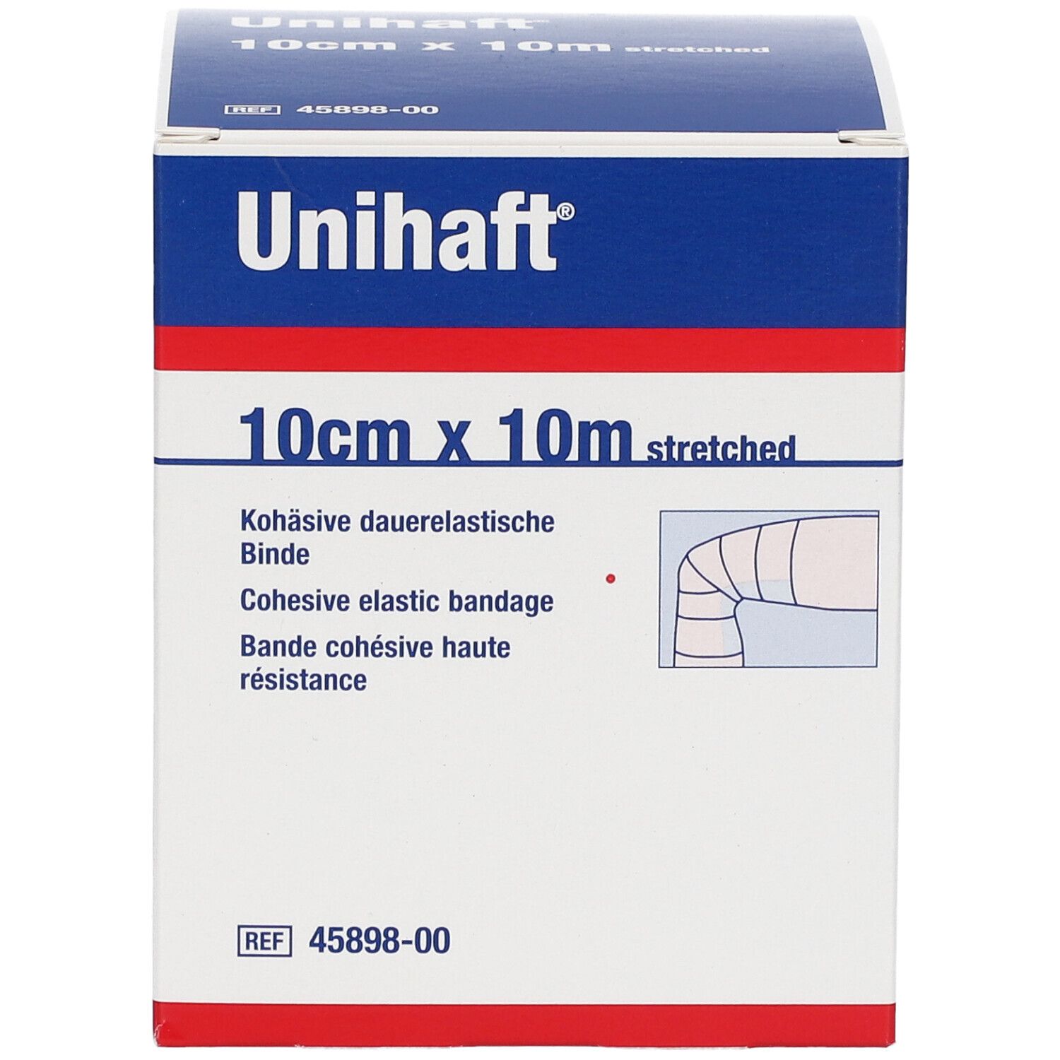 Boîte Unihaft. 10cm x 10m. Bande élastique cohésive. Emballage blanc et bleu. REF 45898-00.