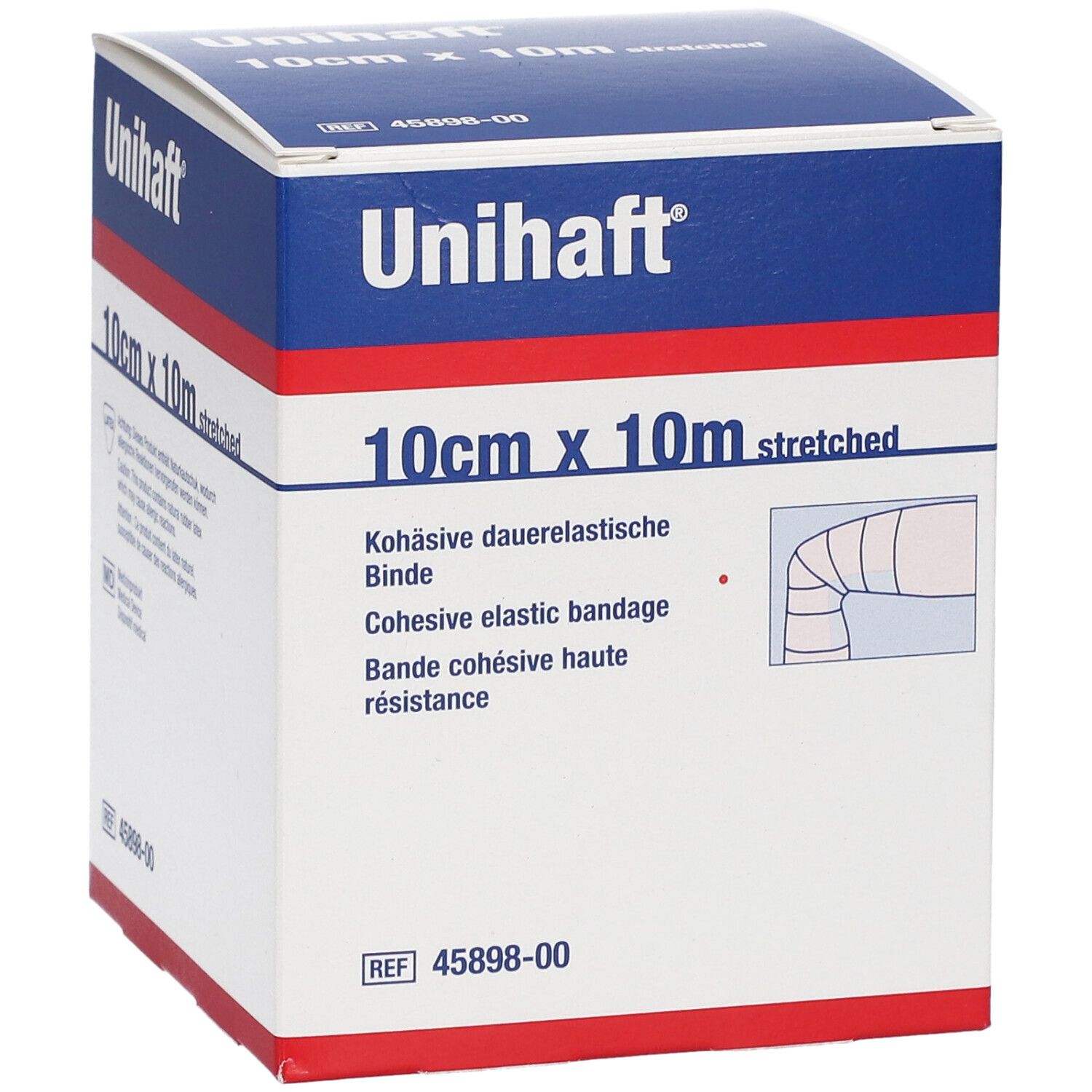 Boîte Unihaft. 10cm x 10m. Bande élastique cohésive. Emballage blanc et bleu. REF 45898-00.