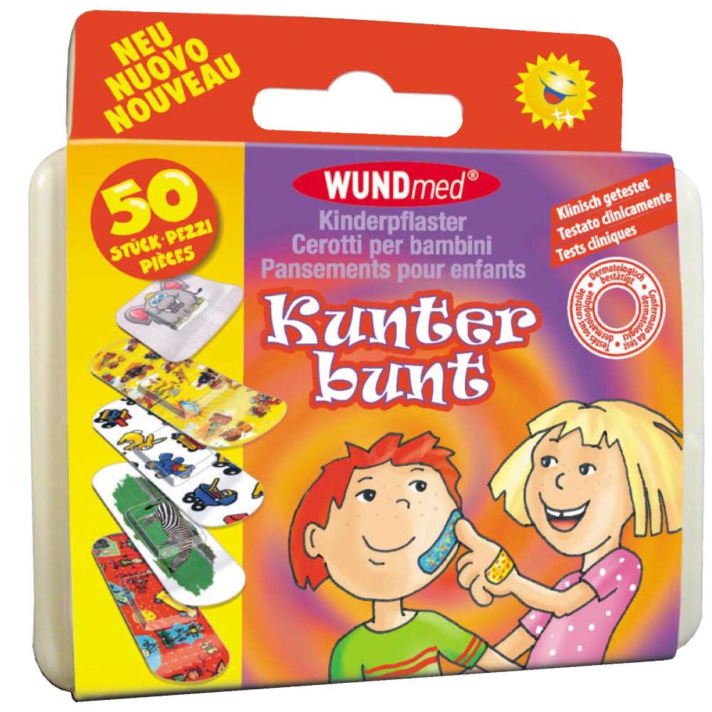 Emballage WUNDmed pansements enfants Kunterbunt, 50 pièces, avec motifs colorés.